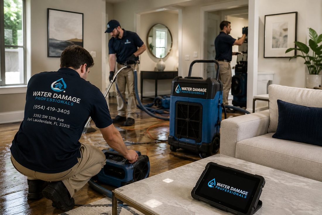 Air movers and dehumidifiers drying a water-damaged living room