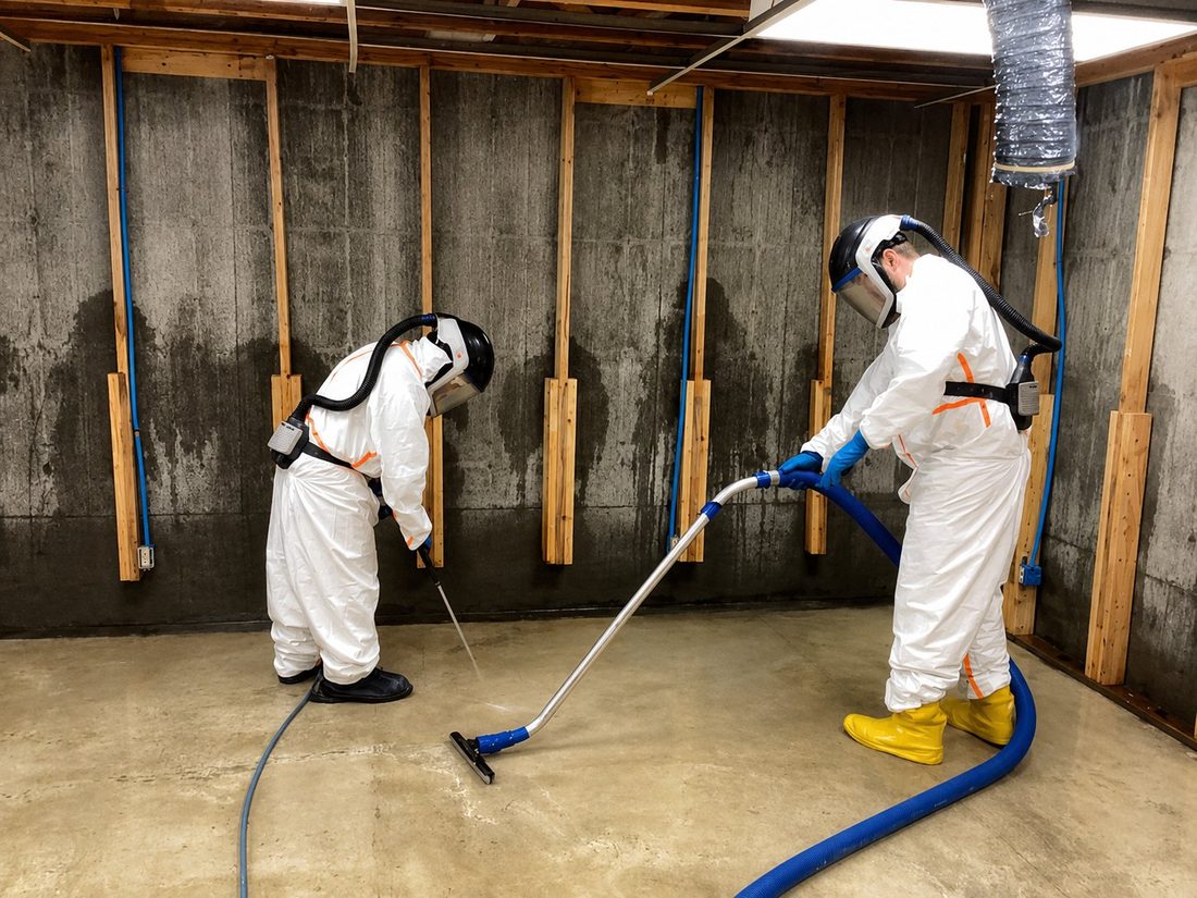 Technicians in protective suits performing mold remediation