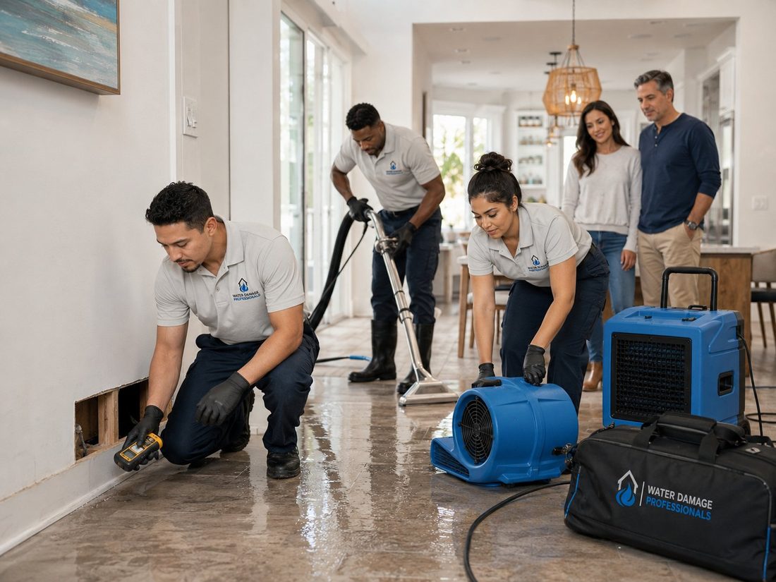 Technicians performing water extraction on a flooded floor in Fort Lauderdale